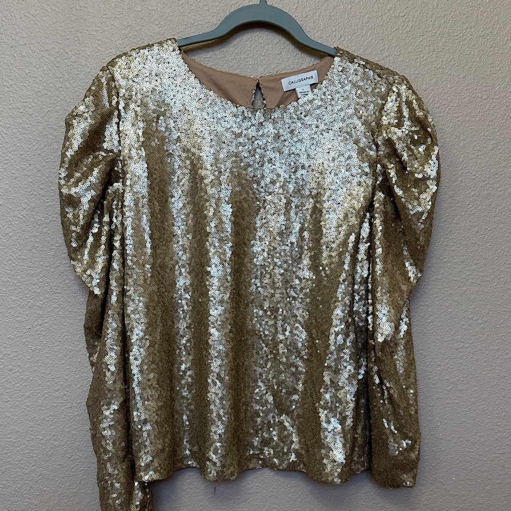 Calligraphies Gold Sequin Women's Top Blouse Ruched Long Puffed Sleeve Size L